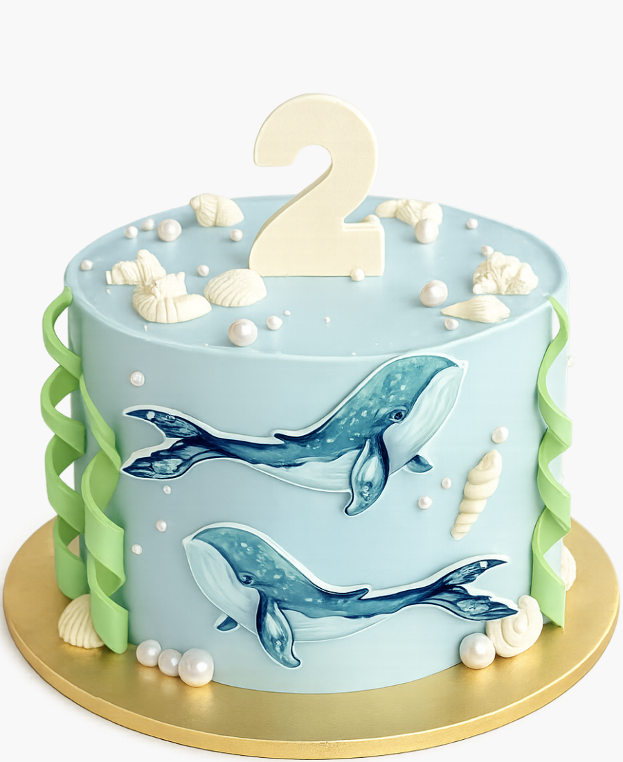 Голубой торт с мастичными топперами китов Фото