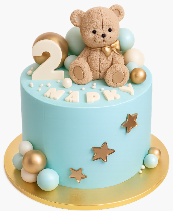 Голубой торт с медведем Фото