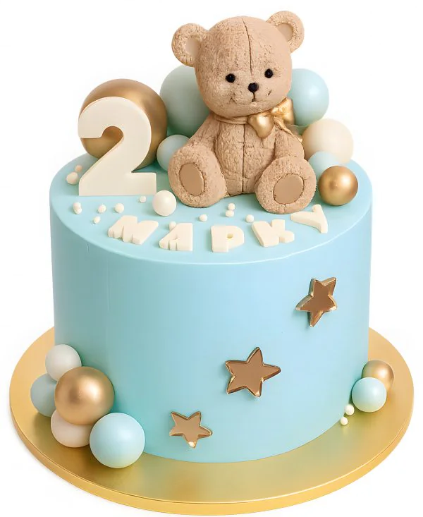 Голубой торт с медведем Фото