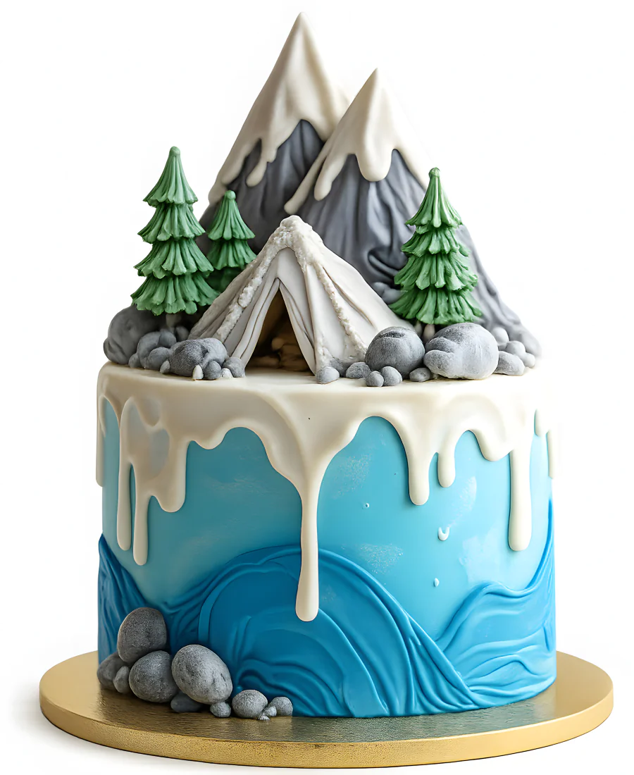 Голубой торт с палаткой в горах Фото