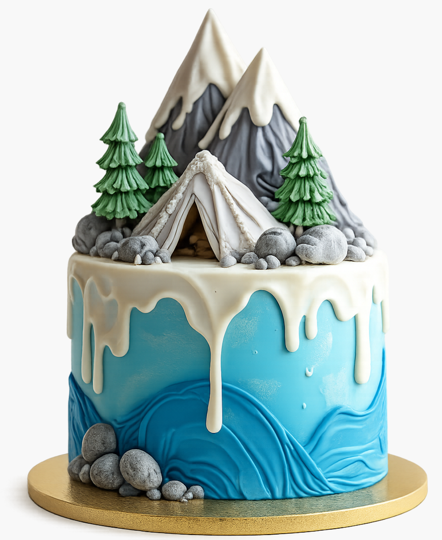 Голубой торт с палаткой в горах Фото