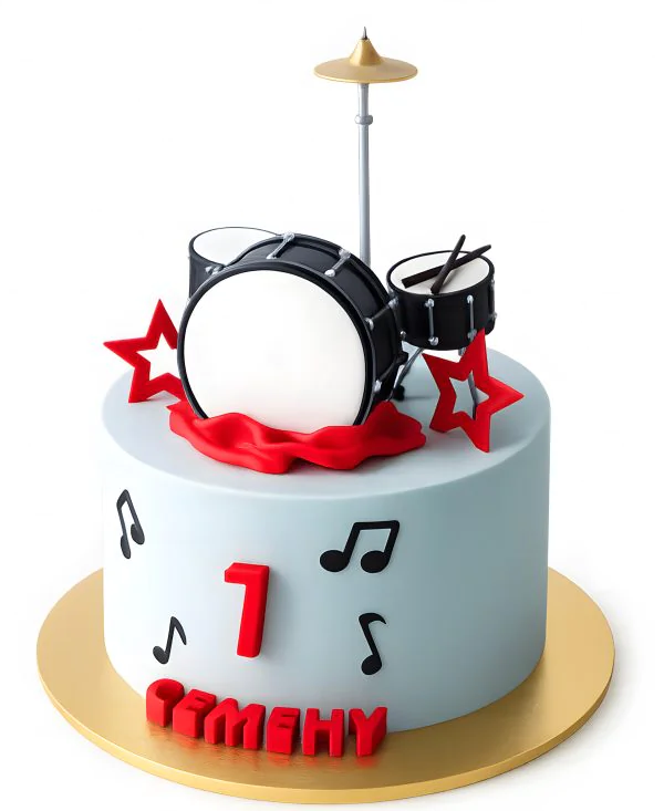 Ярки торт с барабаном и нотами на 7 лет Фото