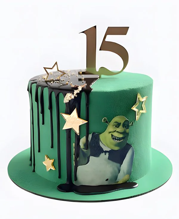 Изумрудный торт на 15 дет со Шреком Фото