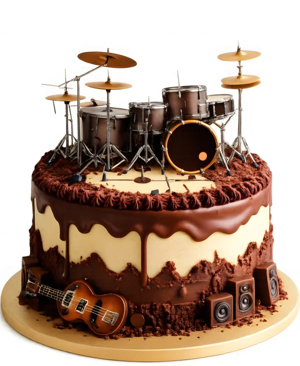 Коричневый торт с барабанами и колонками Фото