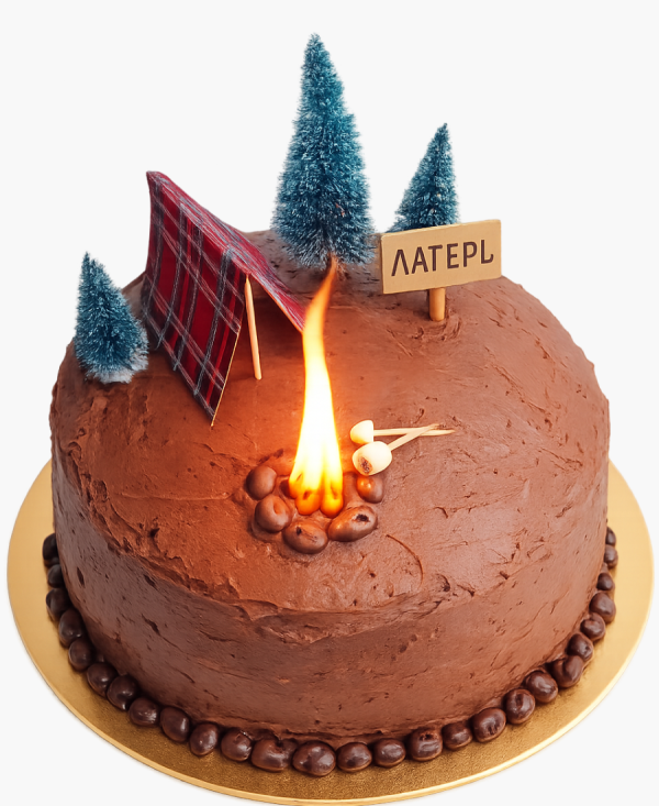 Коричневый торт с костром и палаткой Фото