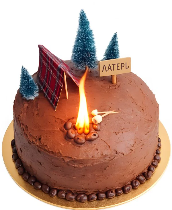 Коричневый торт с костром и палаткой Фото