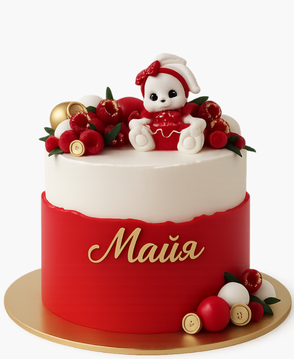 Красно-белый торт с ягодами и зайцем Фото