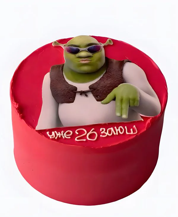 Красный торт с фотопечатью Шрека в очках Фото
