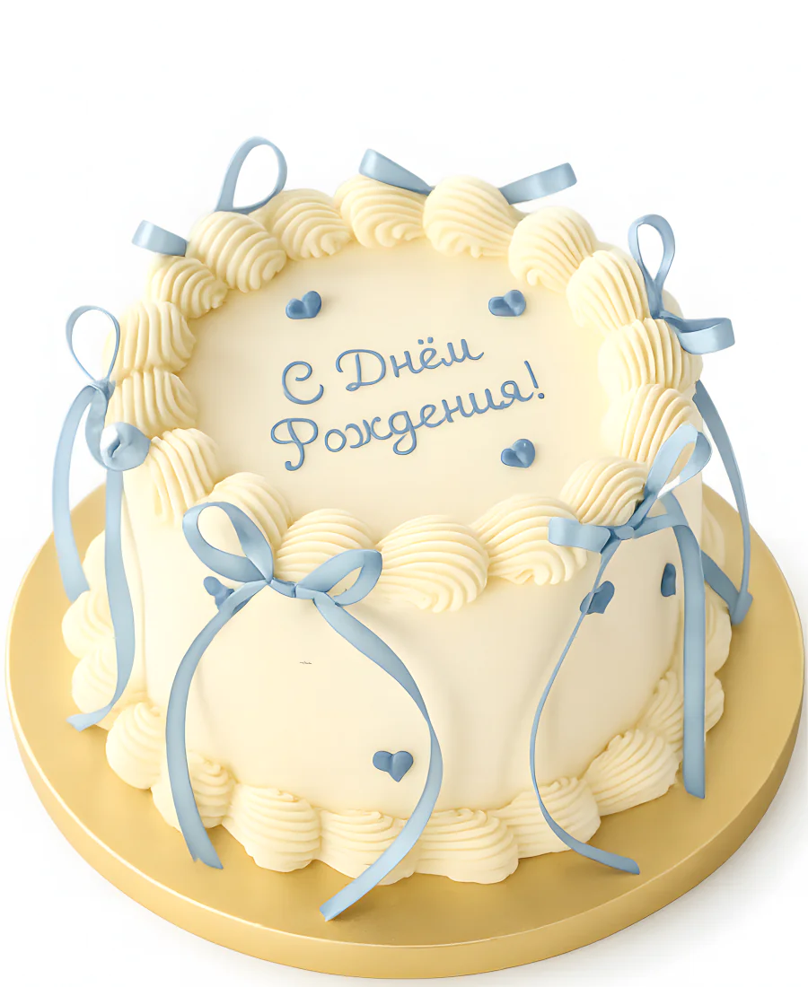 Кремовый торт с голубыми бантиками Фото