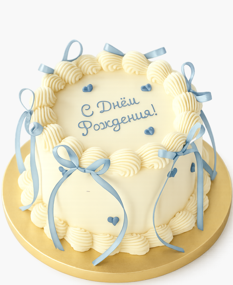 Кремовый торт с голубыми бантиками Фото