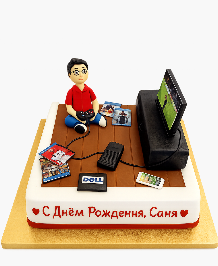Квадратный торт с фигуркой геймера Фото