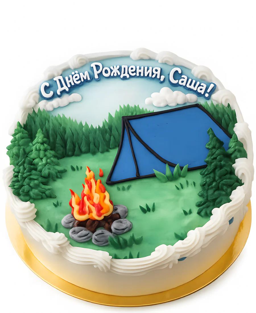 Минималистичный торт с рисунком палатки и костром Фото