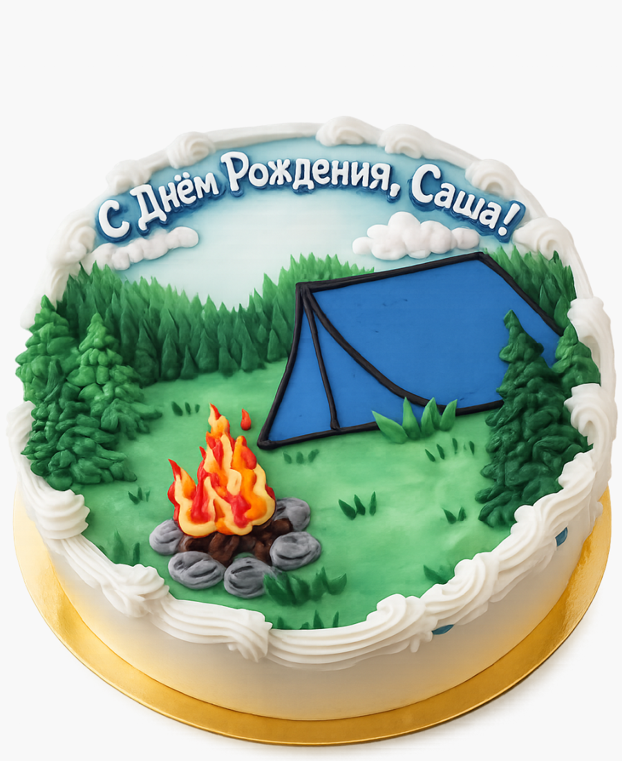 Минималистичный торт с рисунком палатки и костром Фото