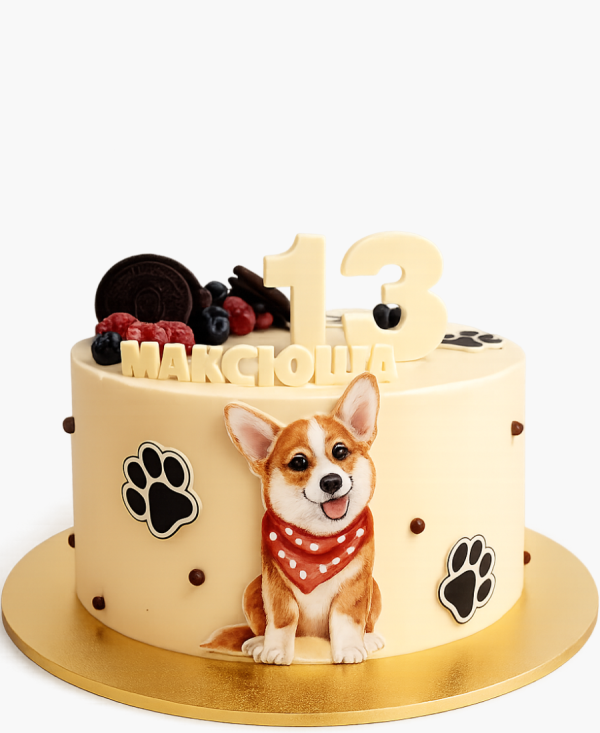 Минималистичный торт с ягодами и собакой на 13 лет Фото