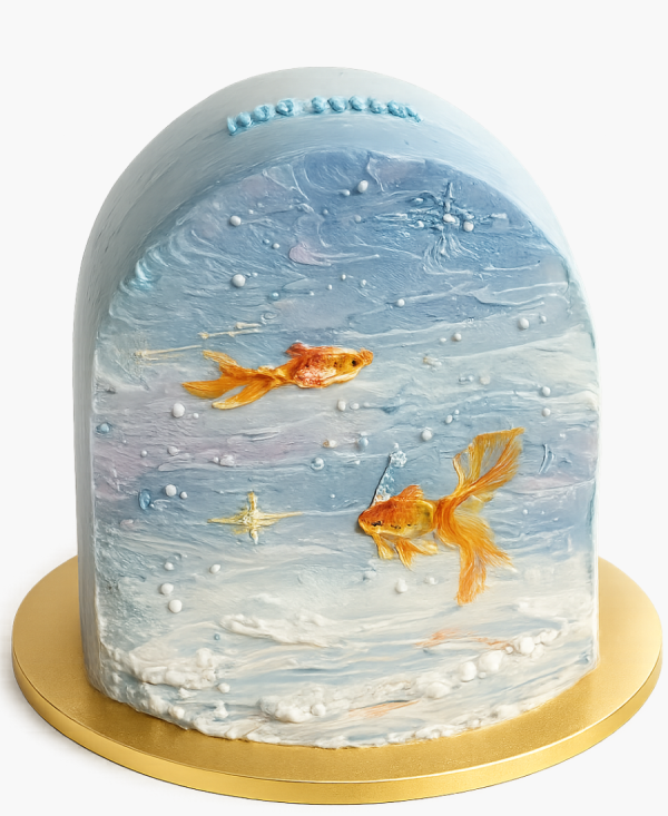 Нежно-голубой торт с золотыми рыбками Фото