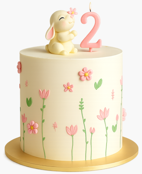 Нежный торт с цветочками и зайцем Фото