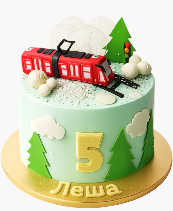 Нежный торт с фигуркой трамвая Фото