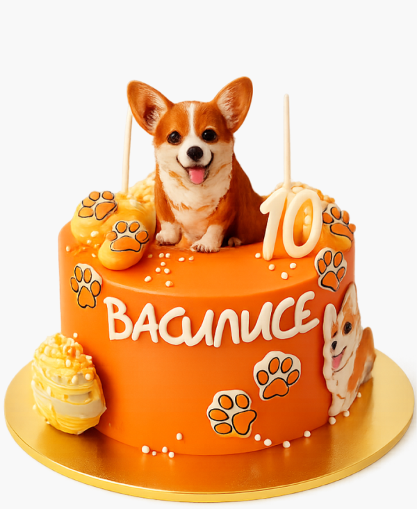 Оранжевый торт на 10 лет с собаками и лапками Фото