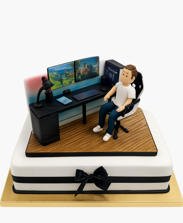 Прямоугольный торт с фигуркой компьютера и геймером Фото