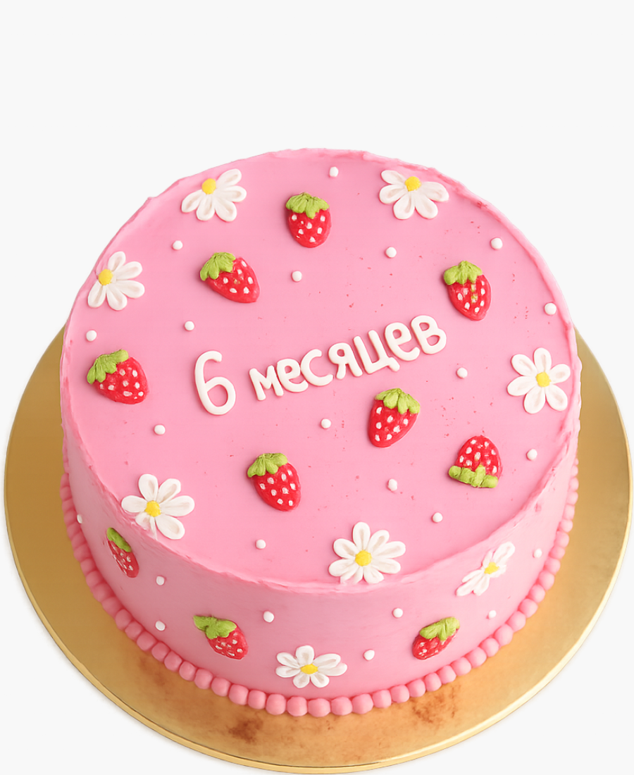 Розовый бенто-торт с рисунком клубники Фото