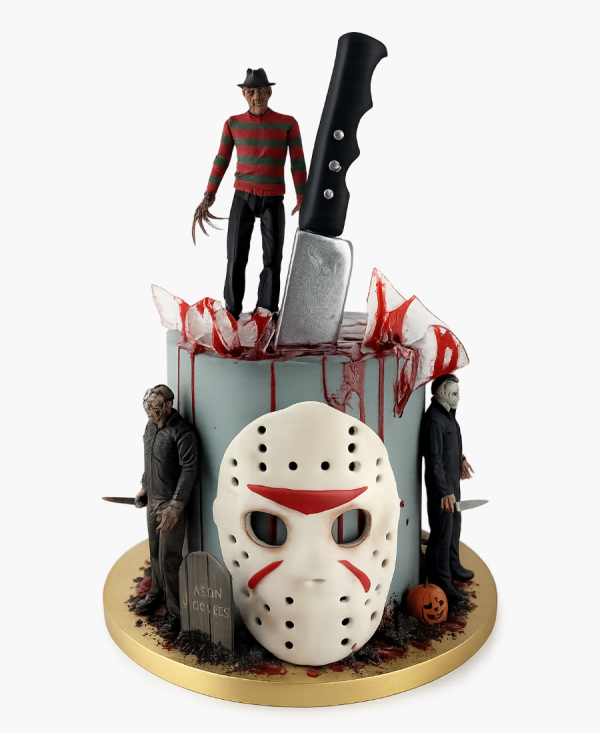 Серый торт с маской Фото