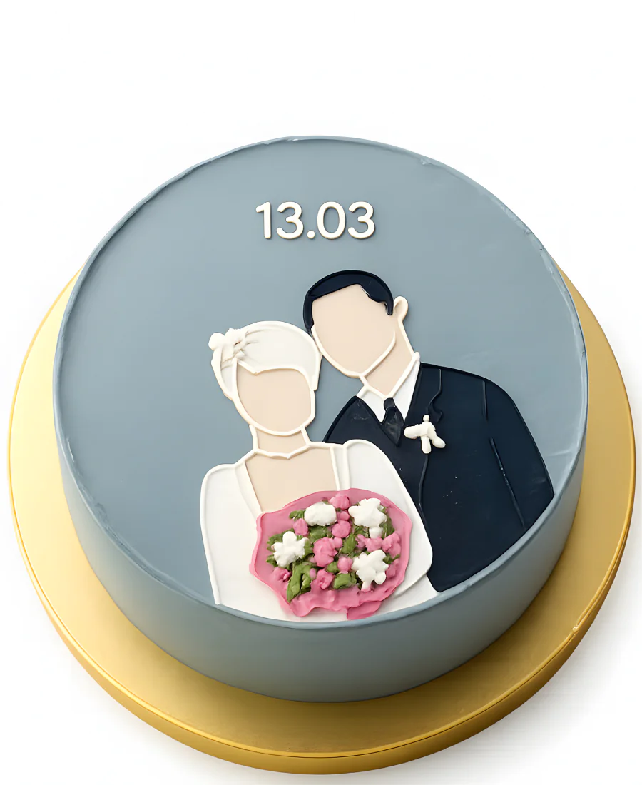Синий бенто-торт с молодыми супругами Фото
