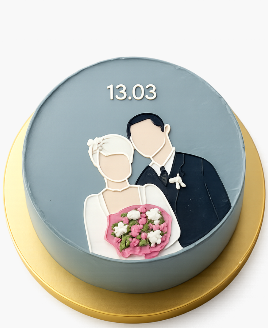 Синий бенто-торт с молодыми супругами Фото