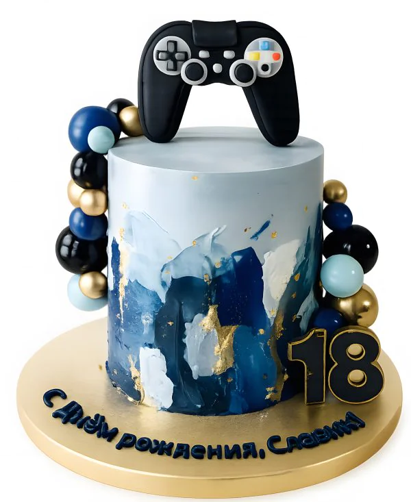Синий торт с фигуркой джойстика Фото