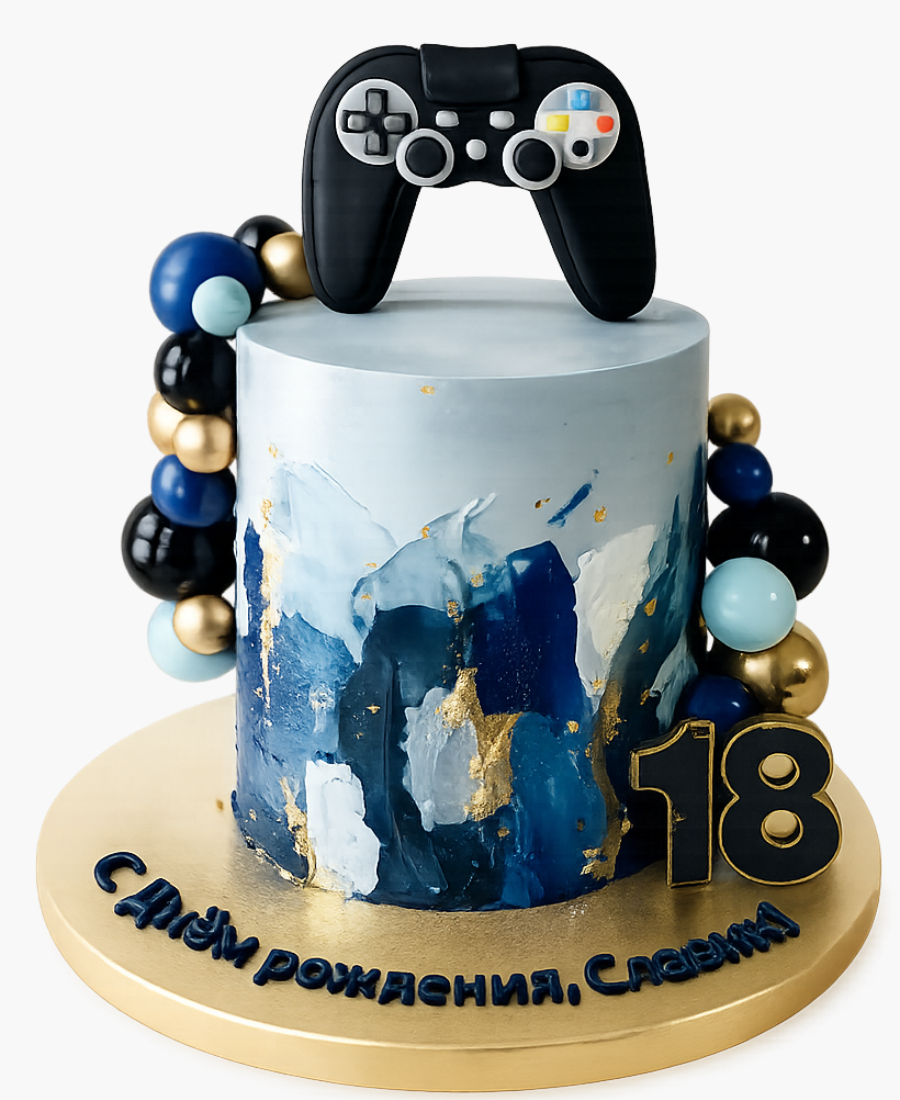 Синий торт с фигуркой джойстика Фото