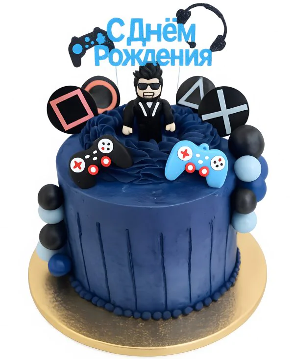 Синий торт с мастичным топпером геймера Фото