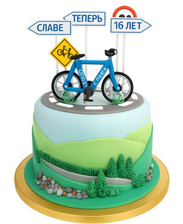Торт с велосипедом на дороге Фото