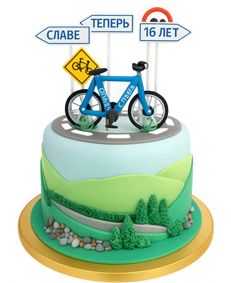 Торт с велосипедом на дороге Фото