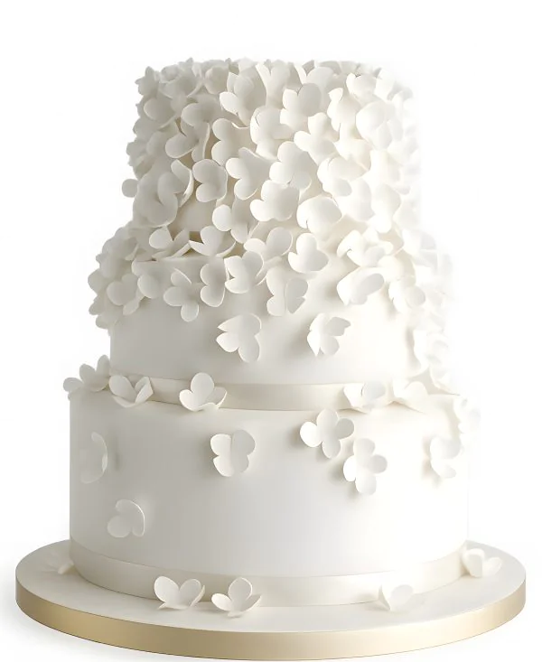 Белый трехъярусный воздушный свадебный торт с цветами Фото