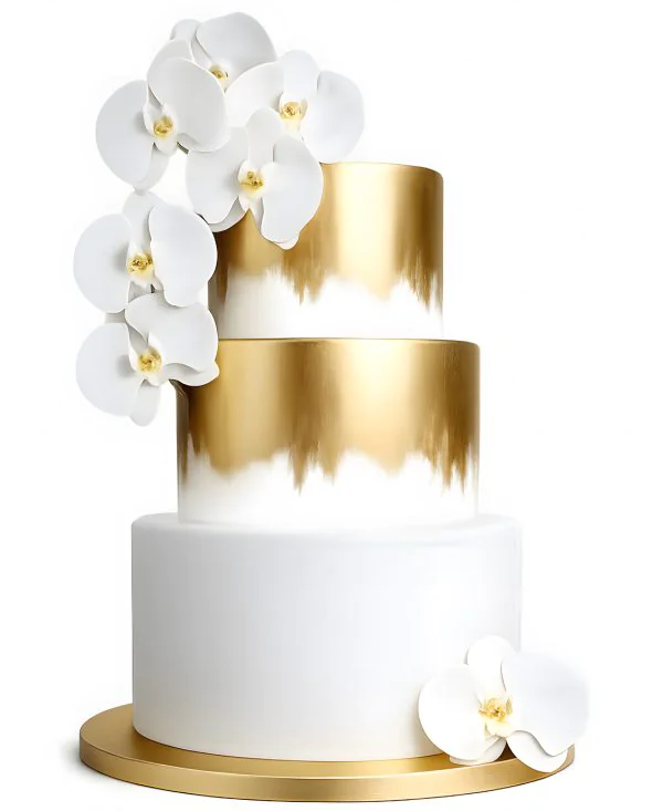 Бело-золотой свадебный торт с орхидеями Фото