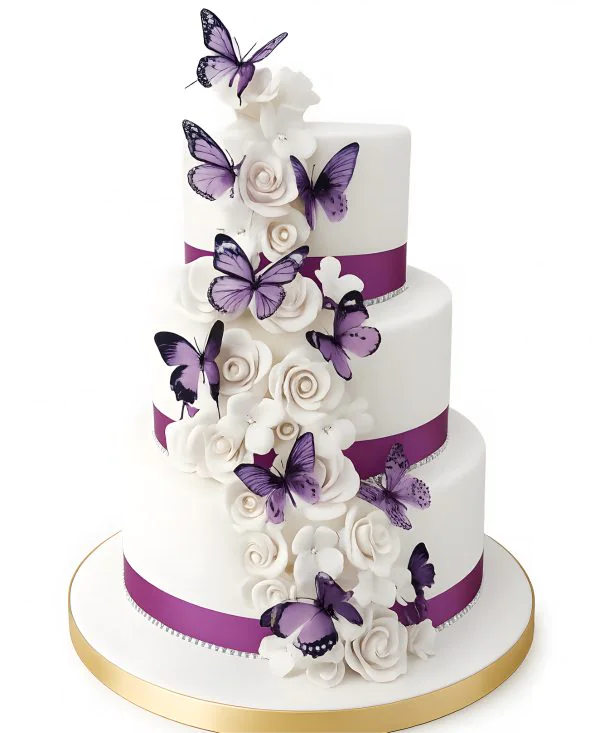 Свадебный торт белыми розами и фиолетовыми бабочками Фото
