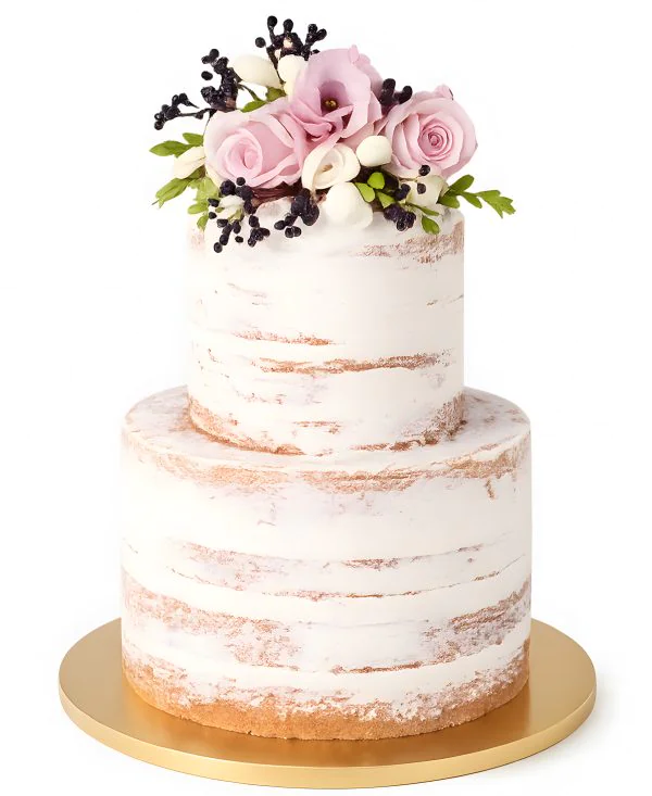 Двухъярусный свадебный торт с красивыми живыми цветами Фото