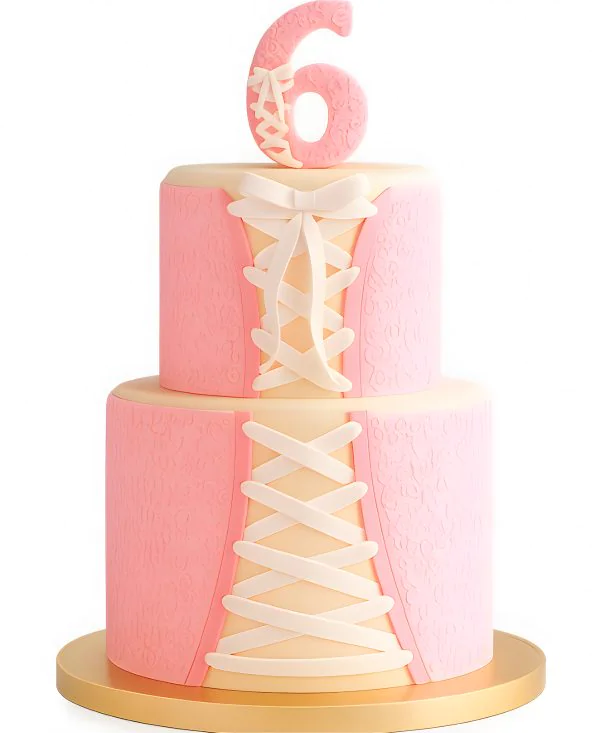 Торт розовый в виде корсета с белой лентой и цифрой 6 Фото