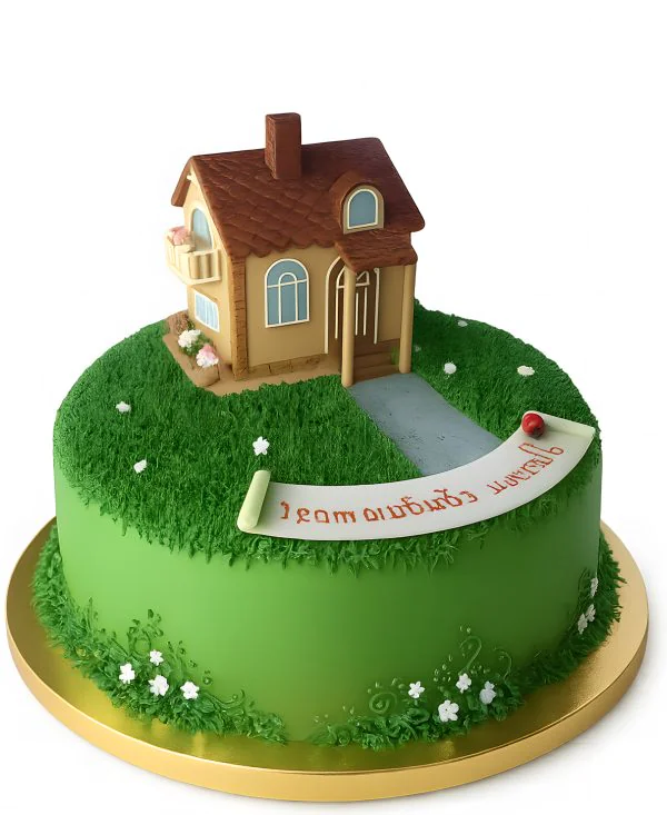 Торт в виде дома с лужайкой Фото
