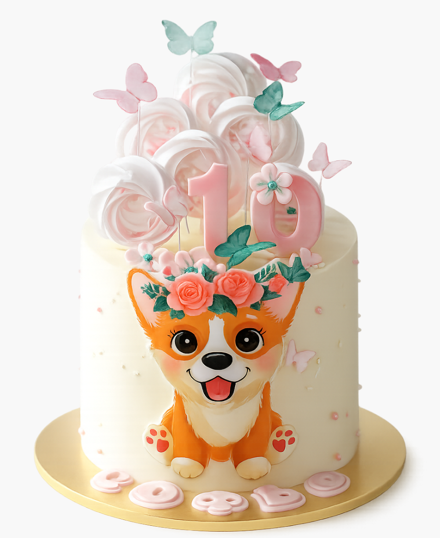 Торт на 10 месяцев с бабочками и корги Фото