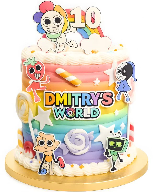 Торт на 10 лет с радугой и кремовыми каемочками Фото