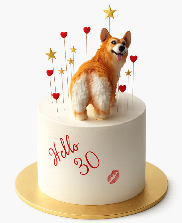 Торт на 30 лет с фигуркой корги и звёздами Фото