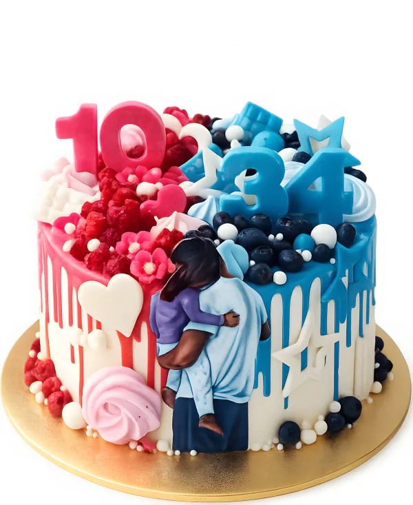 Торт отцу и дочке на день рождение с фотопечатью и ягодами Фото