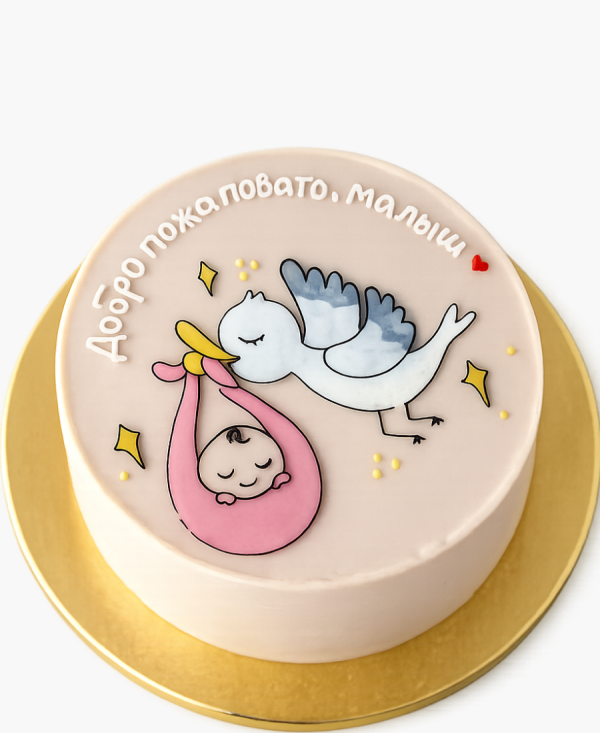 Торт с аистом и розовым кулечком с ребенком Фото