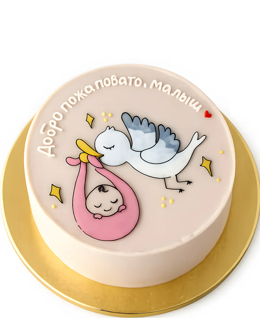 Торт с аистом и розовым кулечком с ребенком Фото