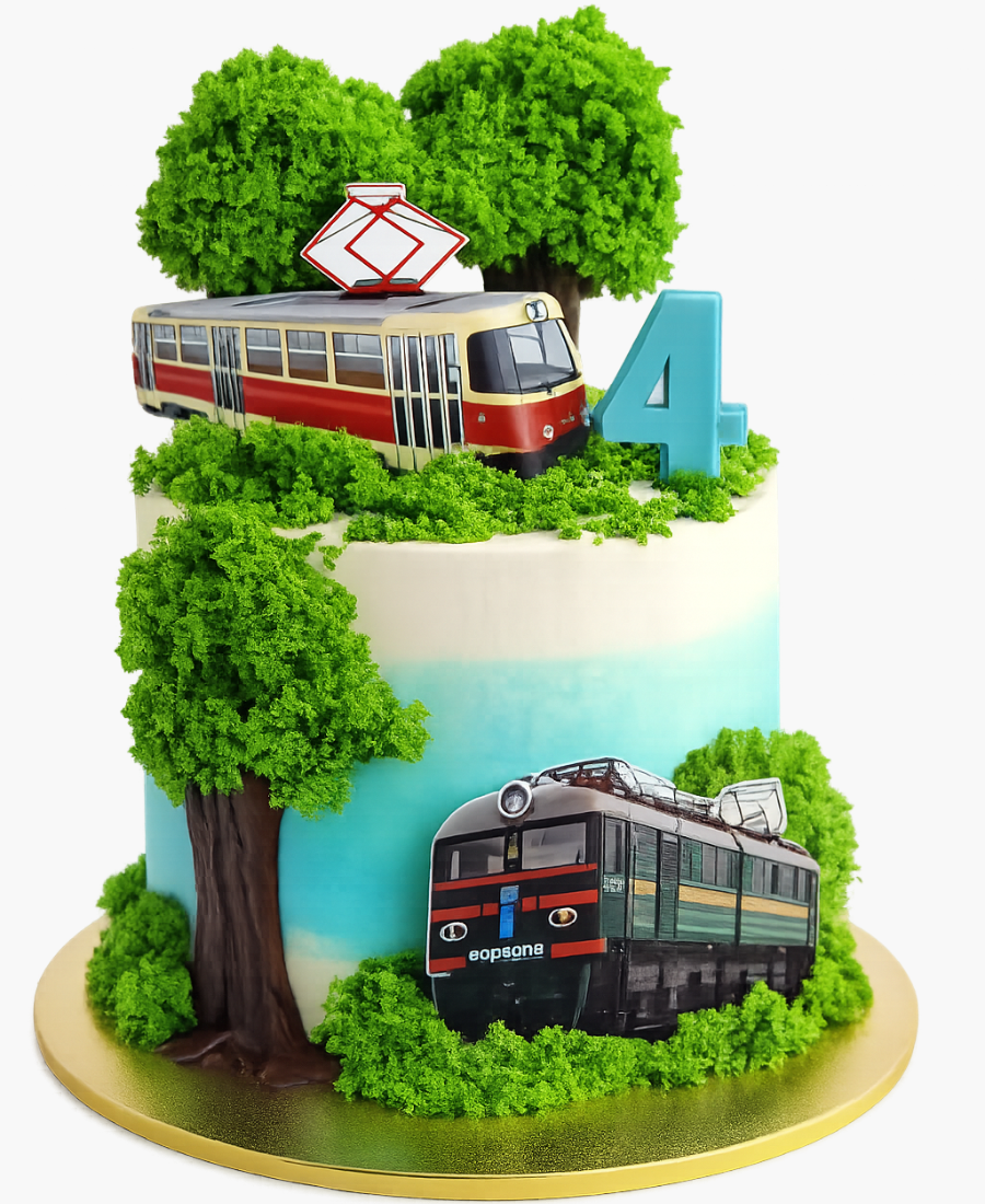 Торт с деревьями и трамваем Фото