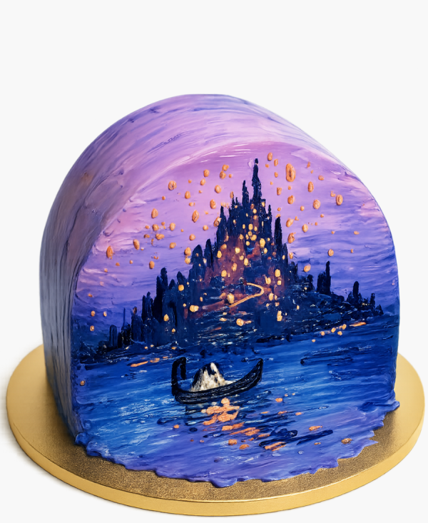 Торт с изображением ночного города и моря Фото