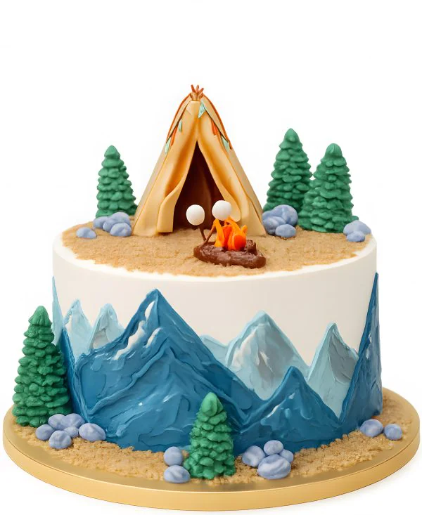 Торт с оранжевой палаткой и горами Фото