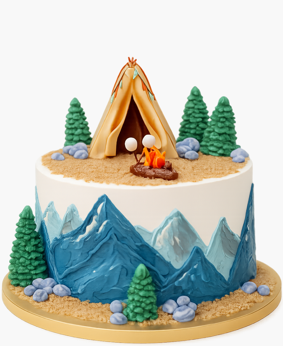 Торт с оранжевой палаткой и горами Фото