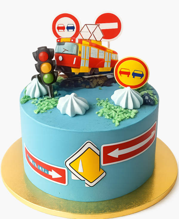 Торт со знаками и топпером трамвая Фото