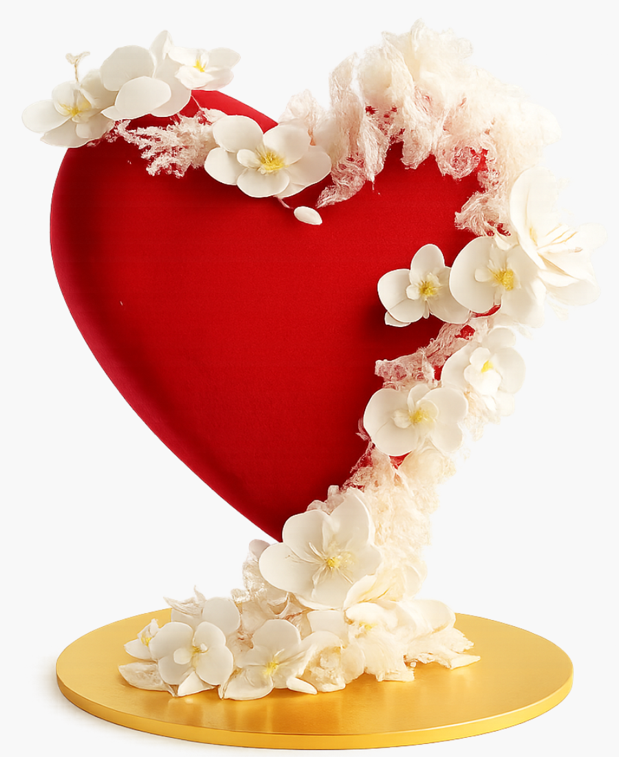 Торт в форме красного сердца с белыми цветами Фото